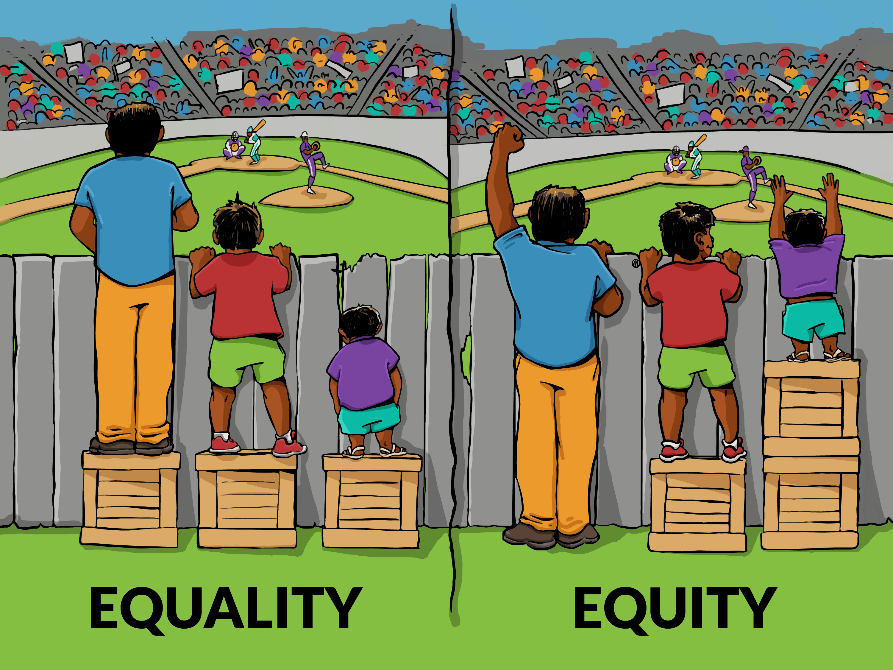 Three people of different heights watching a baseball game over a fence: under 'Equality,' they all stand on boxes of the same height, but only the tallest sees over the fence; under 'Equity,' the boxes are distributed to ensure everyone can see, with the shortest person getting more support.